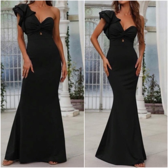 Classic One Shoulder Ruffle Twist Front Party Formal Wedding Dress - Picture 2 of 13